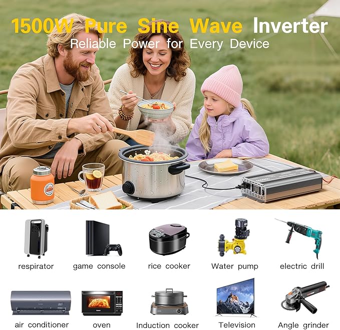 1500W Pure Sine Wave Power Inverter, 12V DC to 110V/120V AC for Car, RV, Truck, Home, Off-Grid, Camping with 2 AC Outlets, LCD Display and 3000W Surge