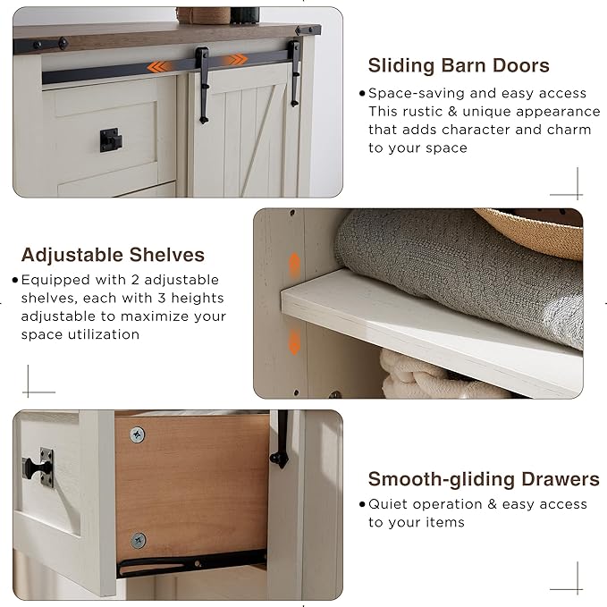 T4TREAM 5 Drawers Dresser for Bedroom w/Sliding Barn Door, Farmhouse Modern Tall Dresser 5 Chest of Drawers, Storage Organizer for Bedroom, Hallway, Living Room, Kids Room, Antique White