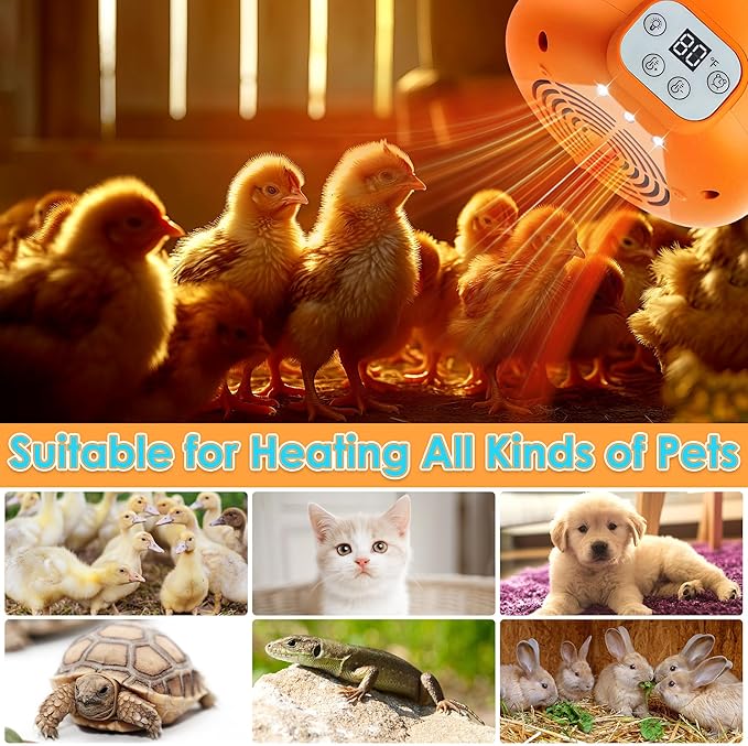 Enhon 2 Pack Chicken Coop Heater, Timing Heat Lamp for Chickens, Smart Temperature Control Chicken Brooder Heater, 5 Ft Ultra Long Cable Reptile Heating Lamp for Chicks Duck Dog Cats, No Remote