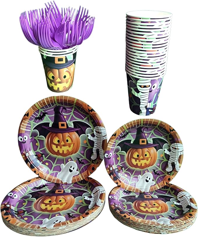 Halloween Paper Plates,Cups,Forks(96Pcs)-Disposable Party Plates Heavy Duty,Party Supplies Tableware Set|Paper Plates 9 inch & 7 inch,Spooky Decor(Flying Pumpkin,Ghost,Zombie,Bat) for Kids Halloween