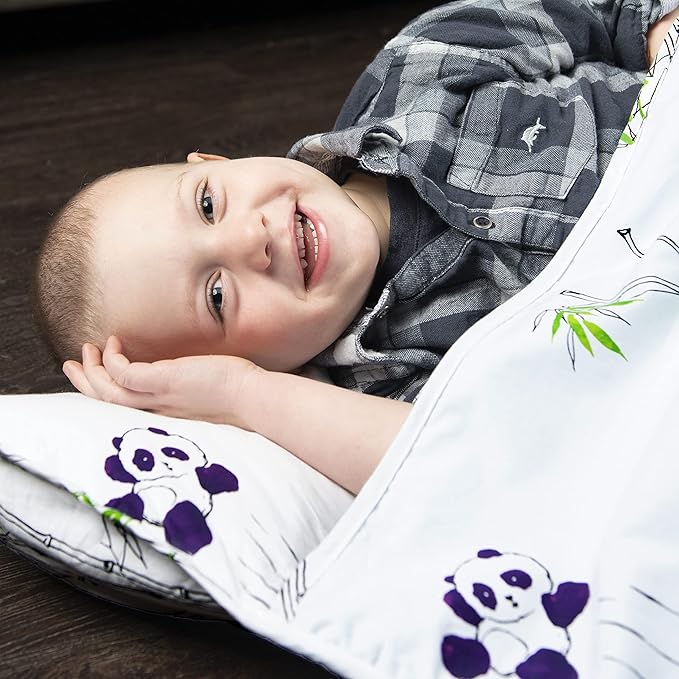 JumpOff Jo Nap Mat for Kids - Cozy Kids Rest Mat with Removable Pillow and Ultra Soft Blanket for Preschool, Daycare, and Sleepovers - Playful Pandas