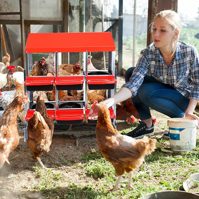 GarveeHome 2-Tier Chicken Nesting Box, 6 Compartment Metal Chicken Laying Boxes with Waterproof Roof ＆ Removable Trays for Hens, Poultry，Easy Egg Collection