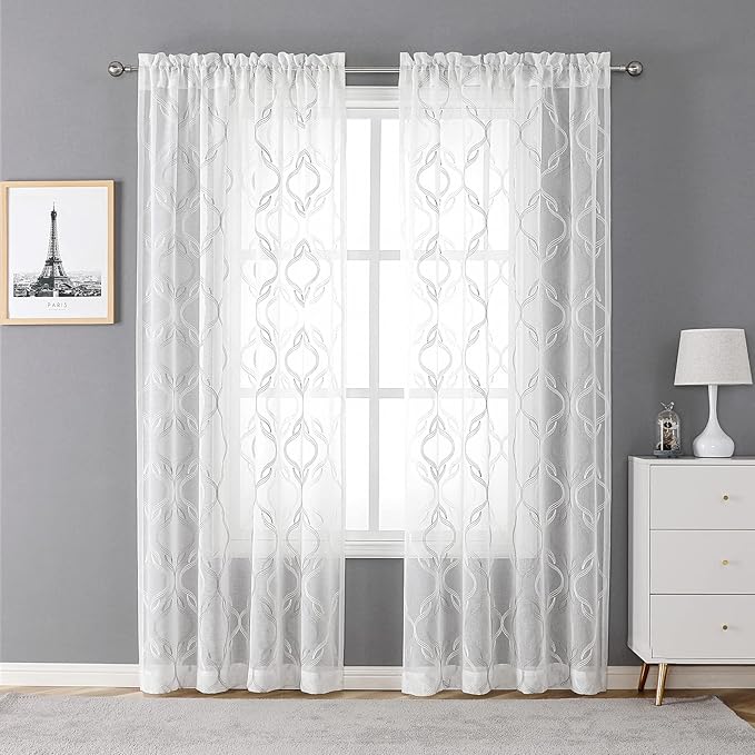 VISIONTEX Sheer Curtains 72 Inches Long 2 Panels Set, Grey and Ivory Moroccan Embroidery Texture Geometric Rod Pocket White Voile Tulle Semi Window Treatment Pair for Bedroom, W54 x L72