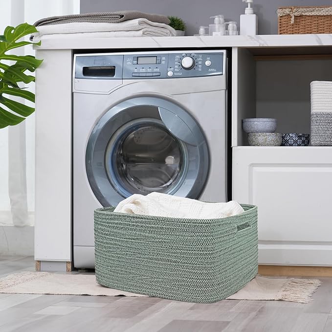 COMFY-HOMI 2 pcs Large Storage Baskets for Shelves, Laundry Basket, Woven Rope Basket, Closet Organizer Bins for Clothes Blanket Towels, Baby Nursery, Gift Toy Baskets, 17” x 13” x 7.5”-Green