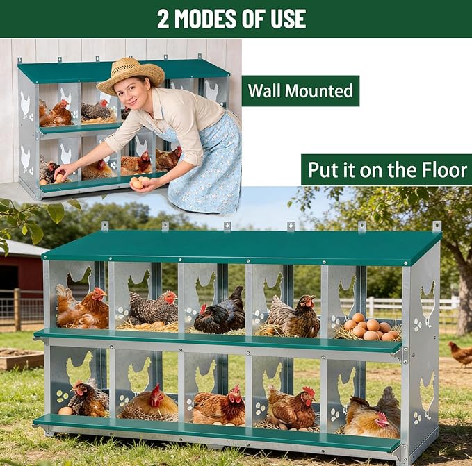 Chicken Nesting Box 10 Compartment with 10 Pet Moisture Pads and 4 Fake Eggs Roll Away Egg Collection, Perch, Lid Cover for Egg Protection - Wall Mount/Free Standing Nest Box for Chickens, Hens, Ducks
