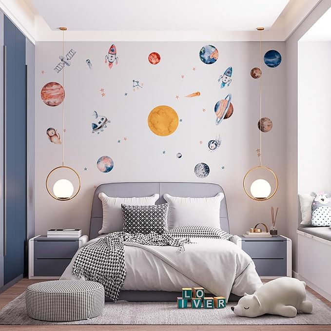 Solar System Wall Decals for Kids - Planets and Space Themed Wall Stickers by Lipastick - Peel and Stick Vinyl Decals for Boys and Girls Bedroom, Nursery, Playroom - Wall Stickers for Girls Room