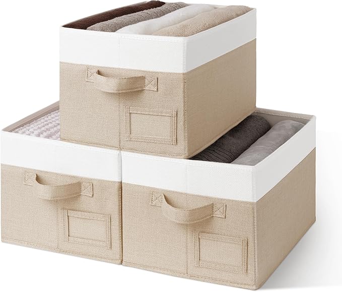 GRANNY SAYS Shelf Storage Baskets, Fabric Storage Bins for Clothes, Closet Storage Boxes with Handles, Collapsible Storage Containers for Bedroom and Living Room, Khaki and Ivory, Large, 3-Pack