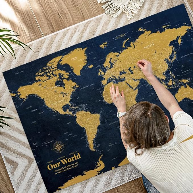 ElephantStock - Personalized Push Pin World Map - Gold Wall Art - Horizontal Canvas Wall Art - Living Room Wall Decor - Digital Art Map Canvas Art - Orange And Blue Decor - 51" x 34"
