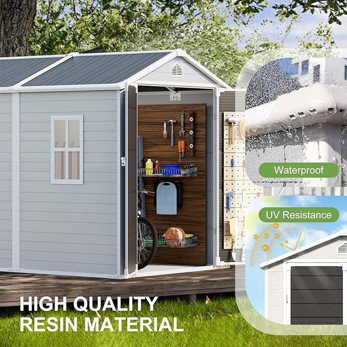 8x6 FT Outdoor Storage Shed, Waterproof Resin Shed with Floor Included & Lockable Door & Window & Vents, Outside Plastic Sheds for Backyard, Patio, Poolside, Lawn, Dove Grey