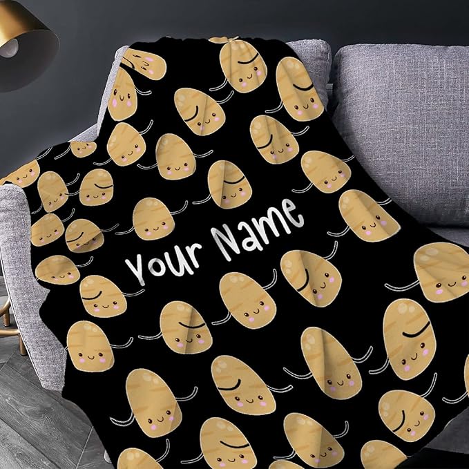 Custom Flannel Blanket with Text Cute Kawaii Potato with Name Customized Blankets Warm Unique Personalized Throw Souvenirs Gift of Love 120”×90” Extra Large for Family
