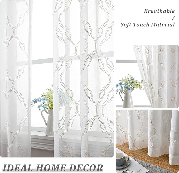 VISIONTEX Sheer Curtains 72 Inches Long 2 Panels Set, Beige and Ivory Moroccan Embroidery Texture Geometric Rod Pocket White Voile Tulle Semi Window Treatment Pair for Bedroom, W54 x L72