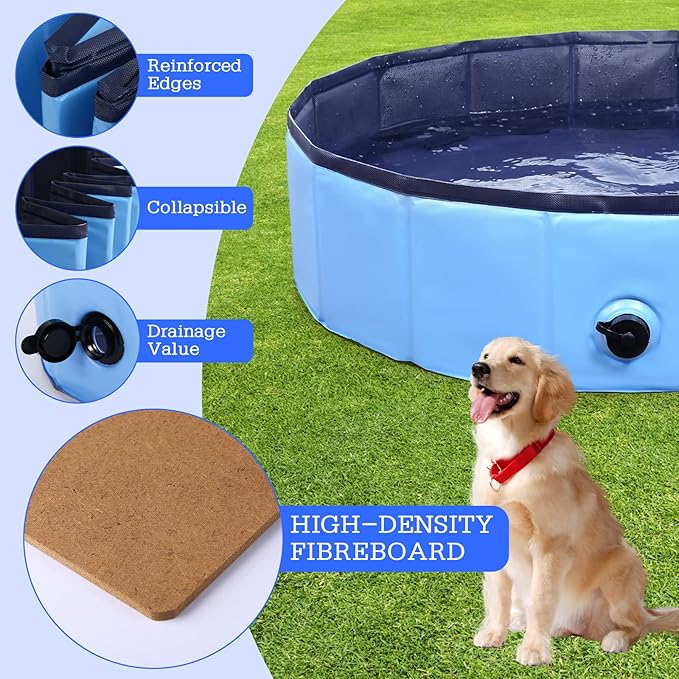 Foldable Dog Pool, Portable Pet Bath Tub and Kiddie Swimming Pool, Collapsible Bathtub for Puppies, Small, Medium and Large Dogs, Cats and Kids, 32 x 8 in, Blue