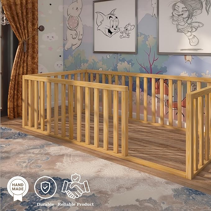 Montessori Floor Bed for Kids 60'' x 80'' Queen | Toodlers Floor Bed with Safety Guardrails | Pine Wood Baby Bed | Sturdy Wood Frame Bed for Girls and Boys (Queen, Height : 19 Inches)