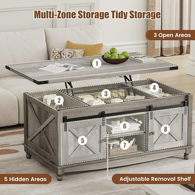 48" Farmhouse Lift Top Coffee Table with Storage Sliding Barn Door & Large Hidden Compartment, Coffee Table with Lifting Top with Wooden Lift Tabletop, Coffee Tables for Living Room, Grey