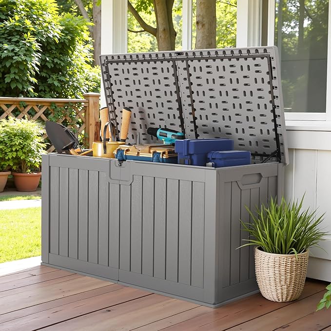 Devoko 240 Gallon Double-Wall Deck Box with Divider, Side Handles, Resin Outdoor Large Storage Box Waterproof and Lockable for Patio Furniture, Garden, Pool (Grey)