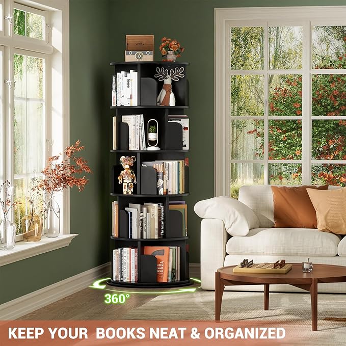 Rotating Bookshelf Tower, 5 Tier Spinning Bookcase, Revolving 360 Book Shelf Narrow Tall Bookcase, Vertical Turning Round Bookshelf Organizer, Wood Corner Book Shelf for Small Space, Black