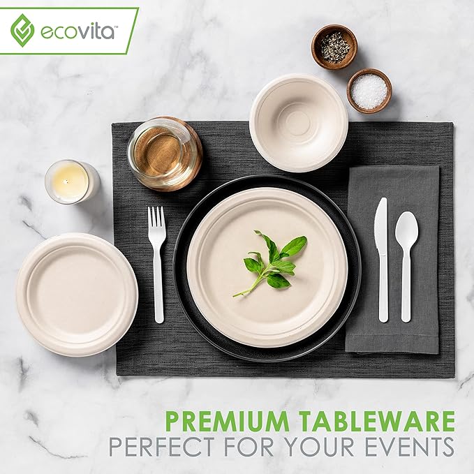 Ecovita 100% Compostable Knives - 500 Large Disposable Utensils (7 in.) Bulk Size Eco Friendly Durable and Heat Resistant Alternative to Plastic Knives with Convenient Tray