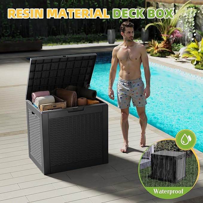 30 Gallon Waterproof Resin Deck Box, UV Resistant Outdoor Storage for Garden, Patio, Porch, Delivery, Rattan Black