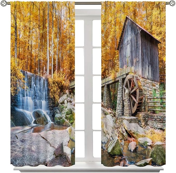 Autumn Waterfall Blackout Curtains, Landscape Fall Waterfall Outdoor Nature Art Window Drapes, for Bedroom Living Room 52" W X 84" L