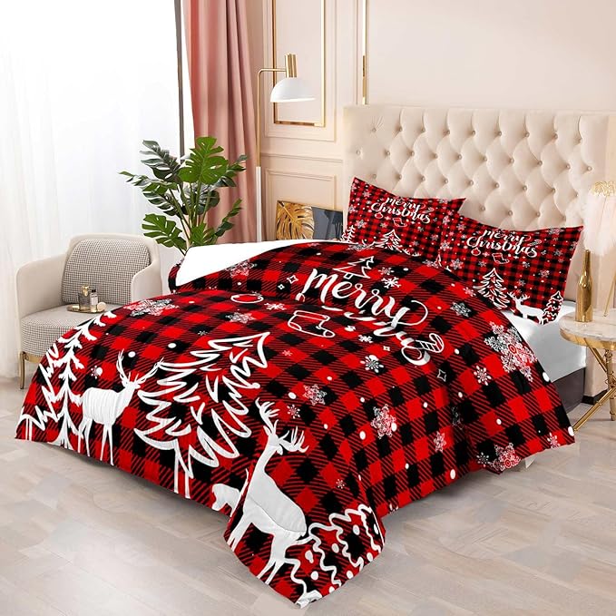 LUVIVIHOME 2PCS Christmas Comforter Set Twin Size, Plaid Bedding, Red and Black Buffalo Check Snowflake Forest Deer Merry Christmas Bedroom Decor, Soft Microfiber Quilt, Xmas Gifts, 1 Pillow Sham