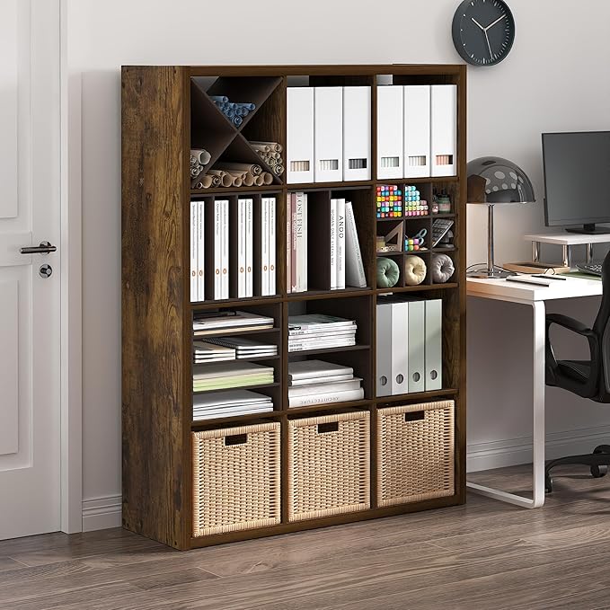Furinno Cubicle Open Back Decorative Cube Storage Organizer, 12-Cube, Amber Pine