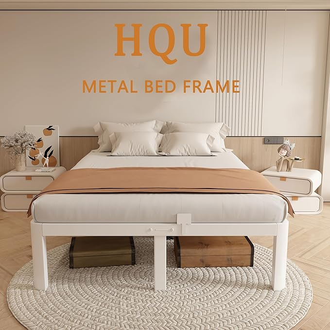 14 Inch King Bed Frame with Metal Gaskets, No Box Spring Needed, Heavy Duty Steel Support 3500 LBS, DIY Headboard, Easy Assembly, Anti-Slip Mattress Stopper, Round Corner Leg, White