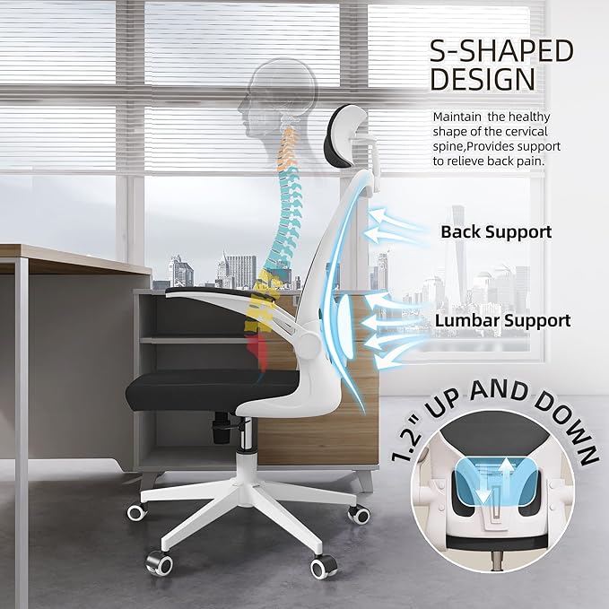 Ergonomic Office Chair, High-Back Mesh Computer Desk Chair with Adjustable Height, Lumbar Support, Flip-Up Armrests,headrest，and Swivel Rolling Design for Home and Office Use