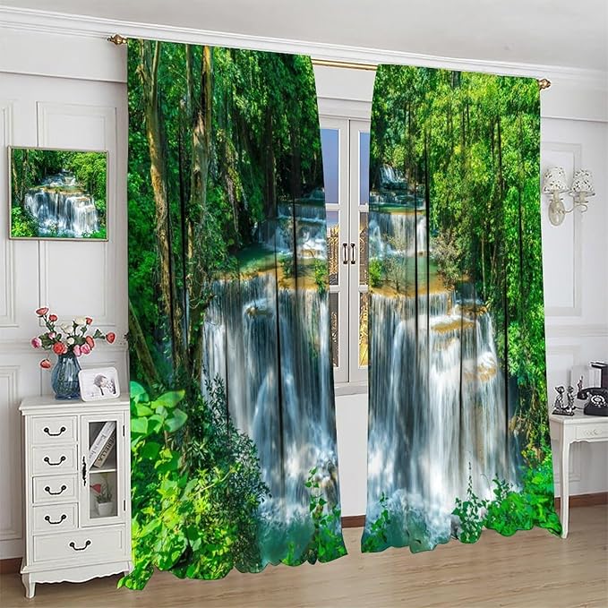 Scenic Nature Blackout Curtains, Natural Falls Landscape Forest Tree Waterfall Scenery Window Drapes, for Bedroom Living Room 42" W X 63" L