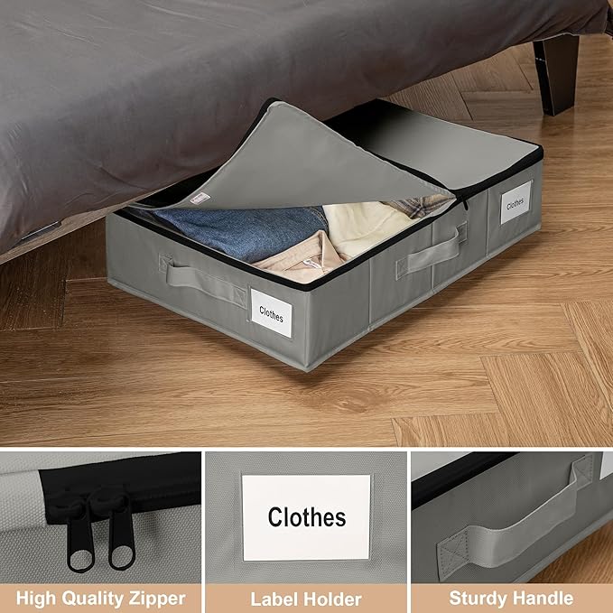 Under Bed Storage with Wheels, 2 Pack Under Bed Storage Containers with Label Holders for Clothes, Shoes and Blankets, Rolling Underbed Shoe Organizer with Cover, Grey (23.6 x 15.7 x 7.28 in)