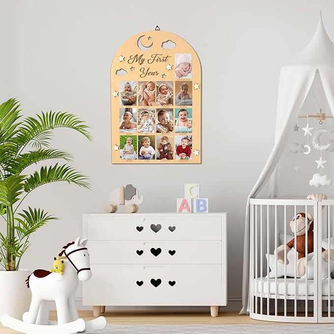 R HORSE My First Year Photo Frame Board - 3D Star Baby First Year Picture Frame 12 Months Milestone Photo Display Wood Board Baby Keepsake 1st Birthday Nursery Decor Gift for Boy Girl