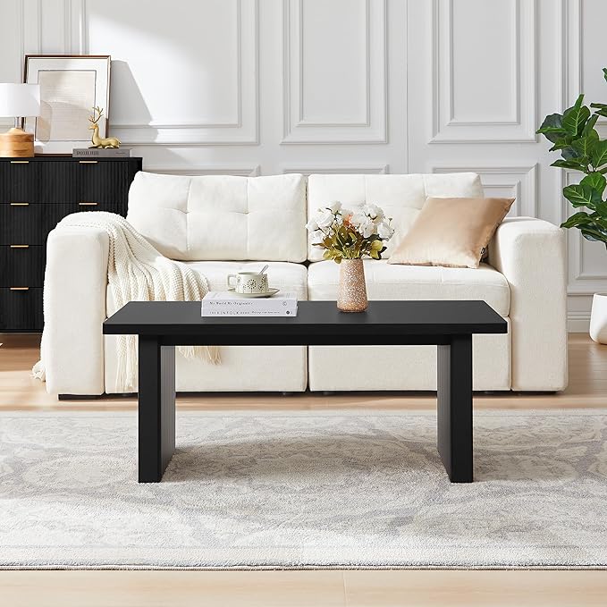 Rectangular Fluted Coffee Table, Farmhouse Wood Coffee Table Mid Century Modern Center Table Boho Living Room Tables for Living Room Office (Black, 19.69" D x 43.3" W x 17.72" H)