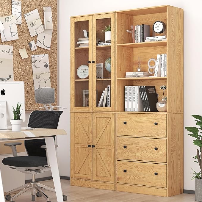71" Tall Bookshelves Set of 2, Bookcase with Drawers & Bookshelf with Doors, Wooden Bookshelves Floor Standing Display Storage Shelves Home Decor Furniture for Home Office, Living Room,Natural