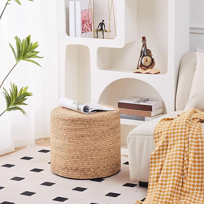 Wimarsbon 18'' Ottoman Pouf, Natural Braided Poof, Rustic Handweave Lounge Pouffe, Boho Footrest Stool for Bedroom, Accent Table or Seat for Living Room (Natural-LD)