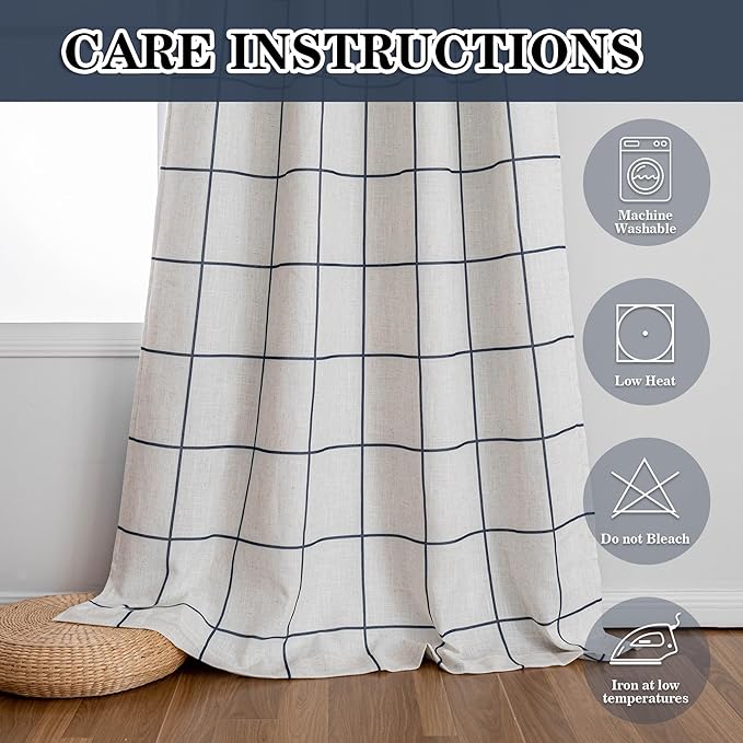 MYSKY HOME 100% Blackout Plaid Linen Curtains 45 Inches Long Double Layer Farmhouse Thermal Insulated Checkered Print Drapes with Back Tab Rod Pocket for Bedroom, 2 Panels, 52" Wide, Navy Blue