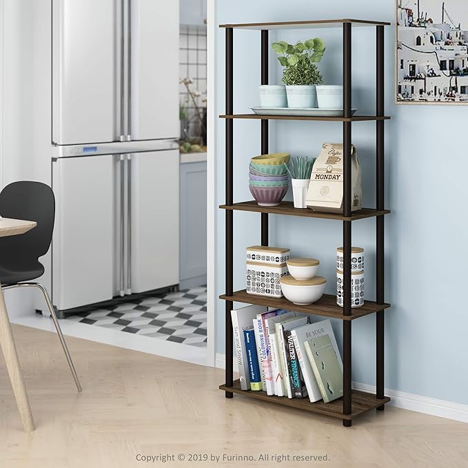 Furinno Turn-N-Tube 5-Tier Multipurpose Shelf / Display Rack / Storage Shelf / Bookshelf, Round Tubes, Walnut/Brown
