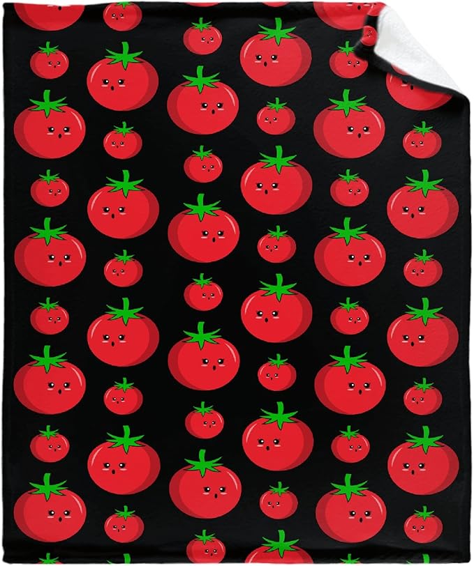 Thuswarm Cute Tomato Kawaii Black Flannel Throw Blanket Warm Cozy Soft Funny Print Blankets for Bed Couch Sofa Room Decoration Gifts 60”×50” Medium for Teen