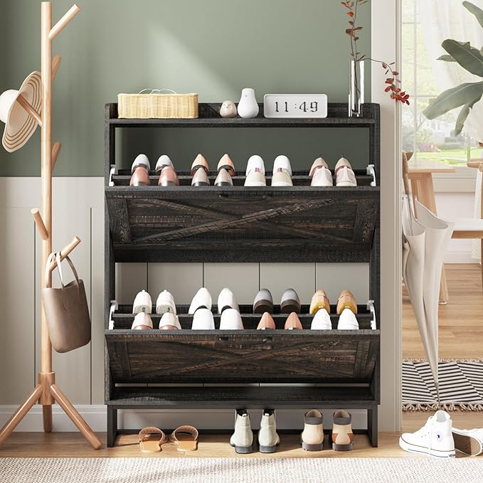 Maupvit Shoe Storage Cabinet with 2 Flip Drawers, Freestanding Organizer with Metal Legs for Entryway, Narrow Shoe Rack Cabinet, Dark Rustic Oak