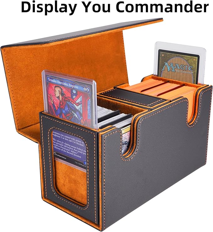 AFIING MTG Commander Deck Box 200 Double Sleeved Cards Storage, 3-in-1 Magnetic Card Case Organizer for Magic: The Gathering TCG CCG, 4 Dividers & 2 Toploaders (Black/Orange)
