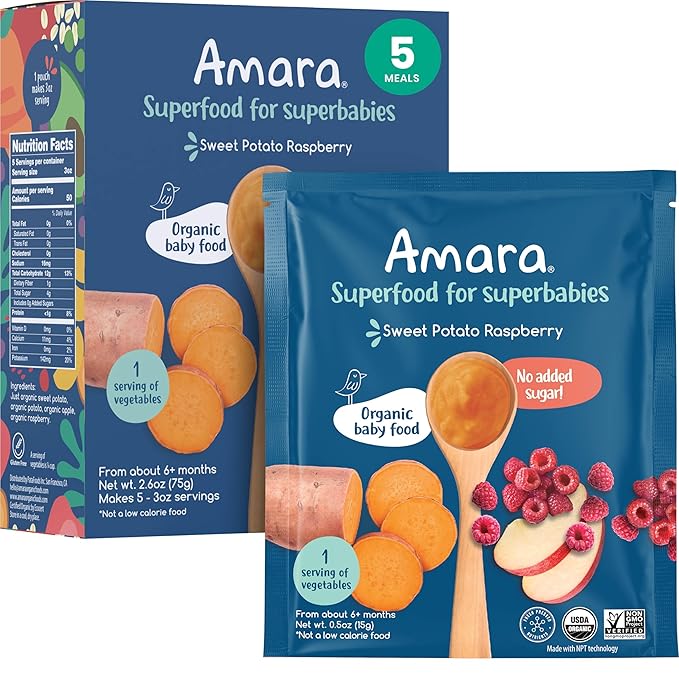 Amara Organic Baby Food - Stage 2 - Sweet Potato Raspberry - Baby Cereal to Mix W/Breastmilk, Water or Baby Formula - Shelf Stable Baby Food W/Organic Fruit and Veggies - 5 Pouches 3.5oz Per Serving