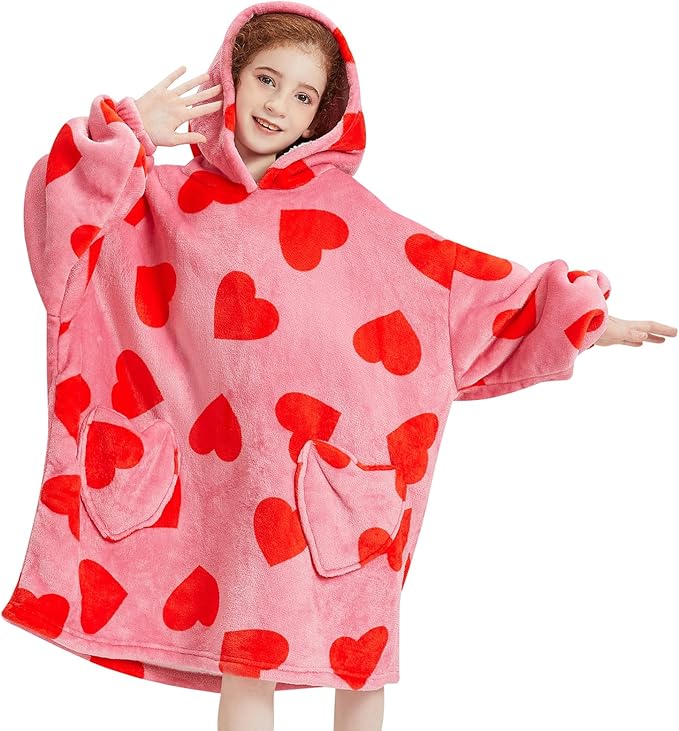 Fiosnow Love Print Blanket Hoodies for Kids 6-13YR Oversize Wearable Blanket Hoodies for Boys Girls Teens