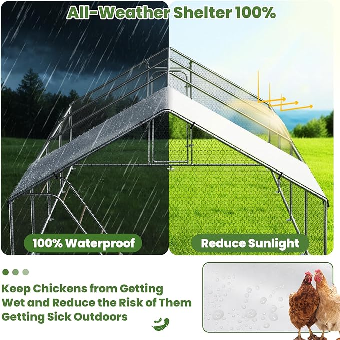 Large Metal Chicken Coop with Roosting Perch, Waterproof and UV Protection Cover, Chicken Run Outdoor Walk-in Cage Chicken Rabbit Duck Hen House for Yard Farm Use Spire Roof (10’ W x 26.2’ L x 6.4’ H)