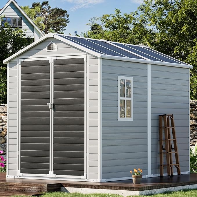 8x6 FT Outdoor Storage Shed, Waterproof Resin Shed with Floor Included & Lockable Door & Window & Vents, Outside Plastic Sheds for Backyard, Patio, Poolside, Lawn, Dove Grey
