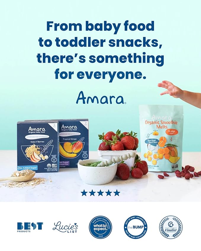 Amara Organic Baby Food - Stage 2 - Peas, Corn & Carrots - Baby Cereal to Mix With Breastmilk, Water or Baby Formula - Shelf Stable Baby Food With 100% Organic Veggies - 5 Pouches, 3.5oz Per Serving