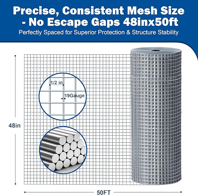 Galvanizing Hardware Cloth, Chicken Wire Mesh 1/2 inch 48in x 50ft, Chicken Wire Fence Rolls for Garden Plants, for Chicken Coops and Pet Fences Heavy Duty Cutting Pliers and Gloves