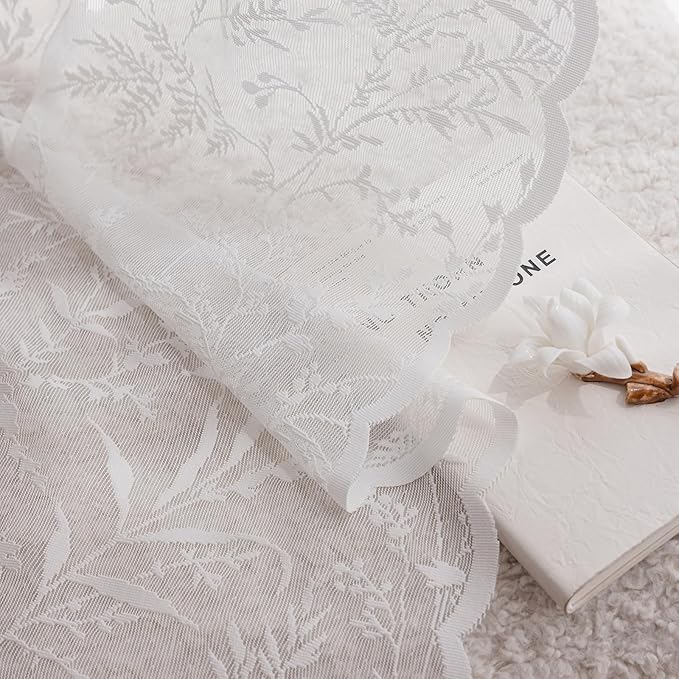 Anmao Vintage Lace Curtains 84 Inches Long 2 Panels Set, Romantic Elegant Light Filtering Semi Sheer Floral Thick Lacy Curtain Drapes for Living Room and Bedroom, Each Panel 55W x 84L, White Leaves