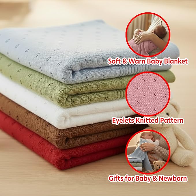 Baby Knit Blanket, 100% Cotton Eyelet Patterns, Soft, Cozy, Lightweight Swaddle for Newborn & Infant Swaddling Beige Neutral, Perfect Baby Shower Ideas Pink 30x40
