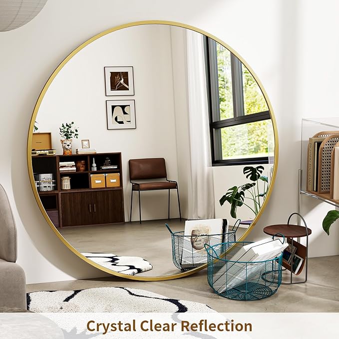 BEAUTYPEAK 48 Inch Round Mirror, Metal Frame Circle Mirror, Wall Mounted for Entryway, Bathroom, Vanity, Living Room, Gold