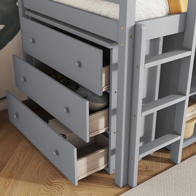 KEIKI Twin Size loft Bed with Pull-Out Desk & Drawers & Open Shelves, Wood Loft Bed with Guardrail, Low Twin Bed for Kids, Grey