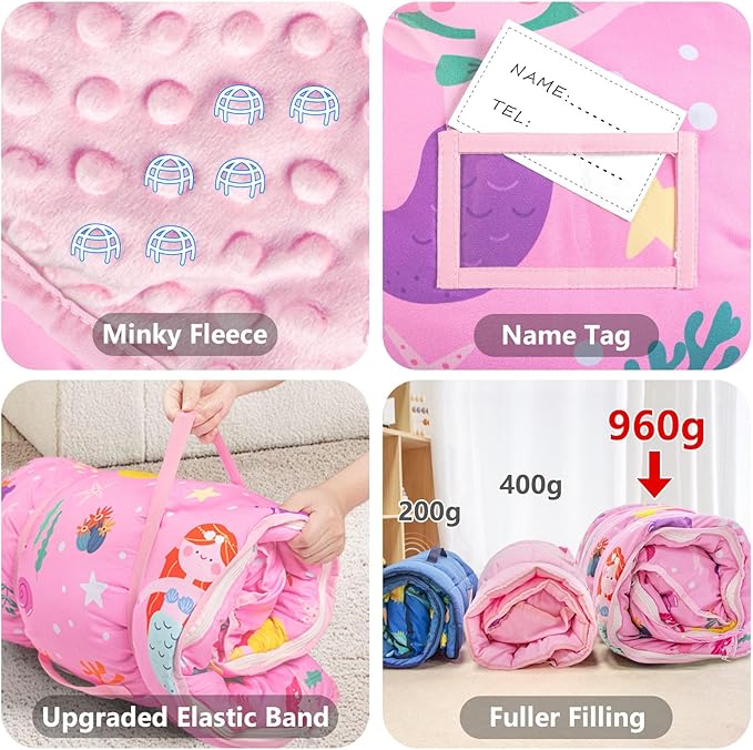 Primlect Toddler Nap Mat Extra Large Thickened 55''x35'', Soft Sleeping Bag with Detachable Minky Blanket and Pillow, Portable for Daycare, Preschool, Kindergarten, Travel, Boys and Girls