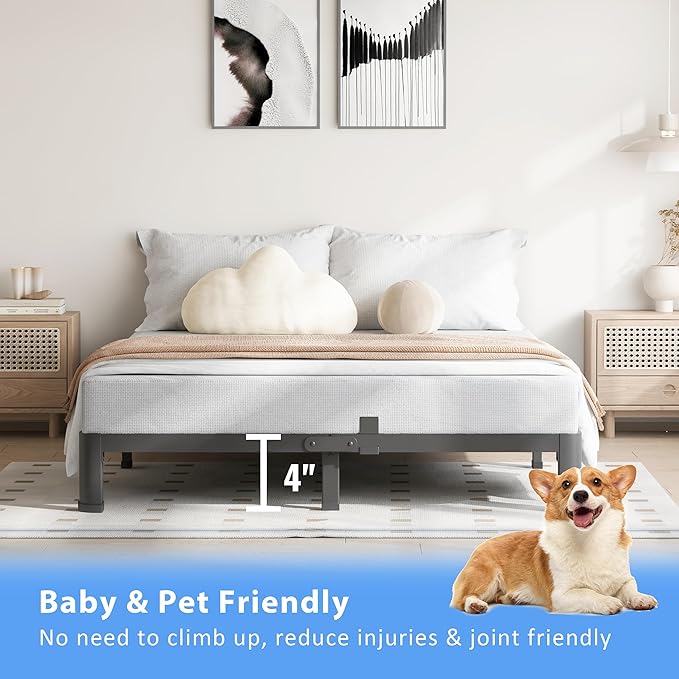 4 Inch Queen Bed Frame, 3500Lbs Heavy Duty Metal Platform with Round Corner Legs Mattress Slide Stopper, Steel Slat Support No Box Spring Needed, Noise Free, Non-Slip, Easy Assembly